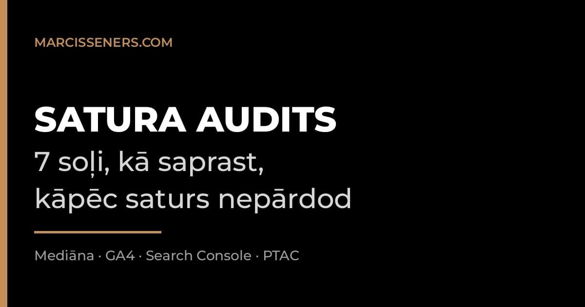 Satura audits 7 soļos — melns fons ar zelta akcentu