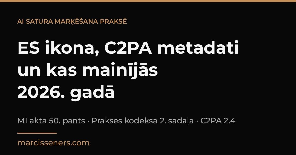 AI satura marķēšana praksē — ES ikona, C2PA metadati un MI akta 50. panta prasības